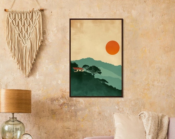 A Retro Poster Of A House On Top Of A Mountain With The Sun Setting Behind It The Colors Should Be Muted Green And Orange