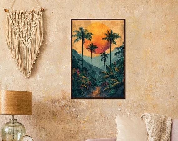 A Poster Of An Orange Moon Behind Palm Tress In The Rain Forest The Colors Should Be Muted Green And Orange