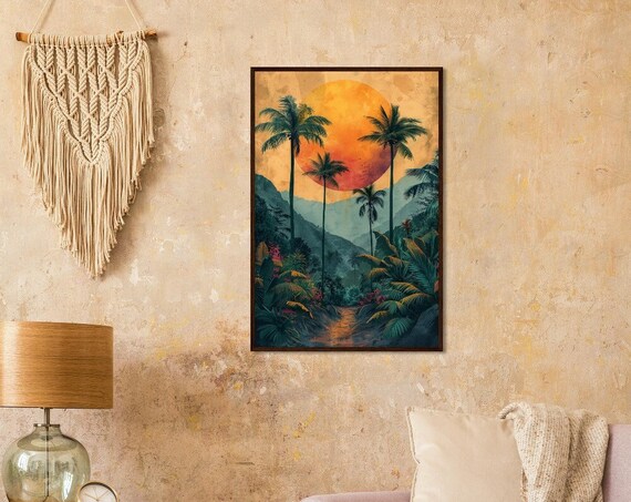Tropical Palm Trees Sunset Vintage Travel Style Jungle Paradise Art Poster
