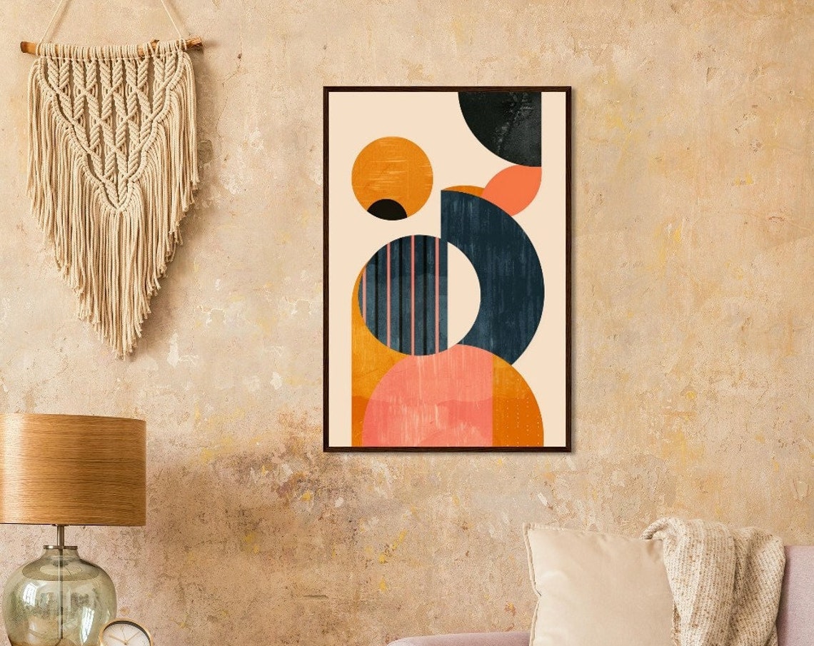 Bauhaus Geometric Circle Composition Navy Mustard Pink Retro Poster