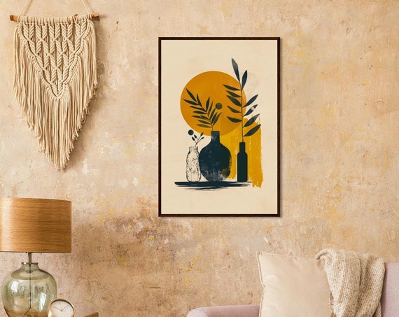 Print Abstract Boho Illustration Of Vases And Plants Yellow Color Modern Artwork