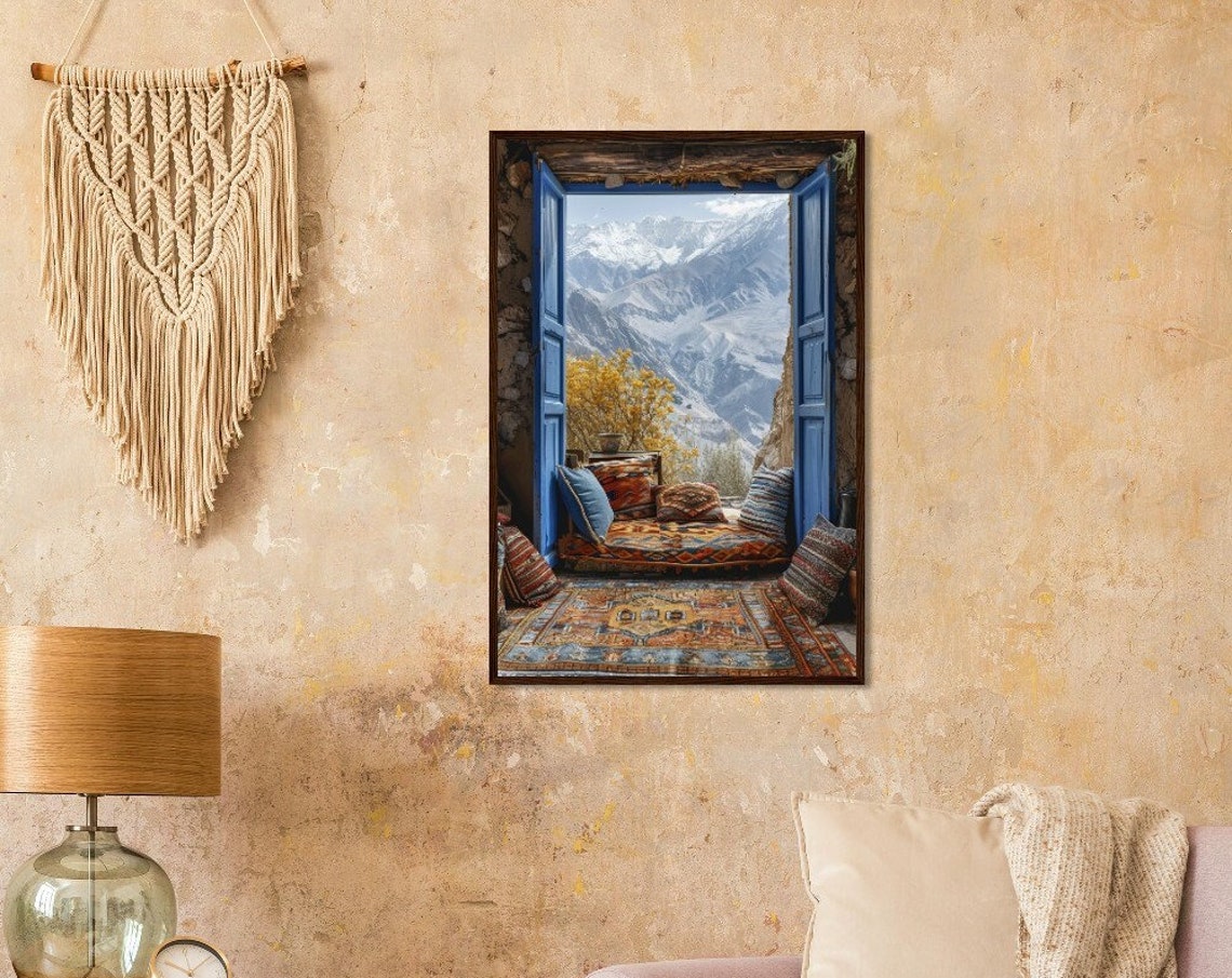 Open Blue Shutters Mountain View Cozy Reading Nook Travel Art Poster