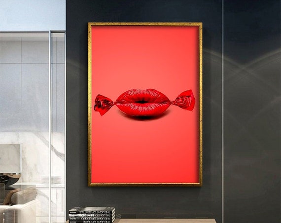 Pink Candy Lip Print Wall Decor Modern Art Print Wall Decor Ready To Hang Framed