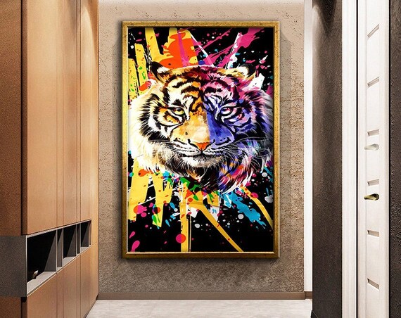 Majestic Tiger Face Half Colorful Neon Graffiti Street Art Poster