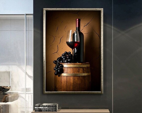 Wine Bottle Glass Black Grapes Wooden Barrel Rustic Cellar Poster