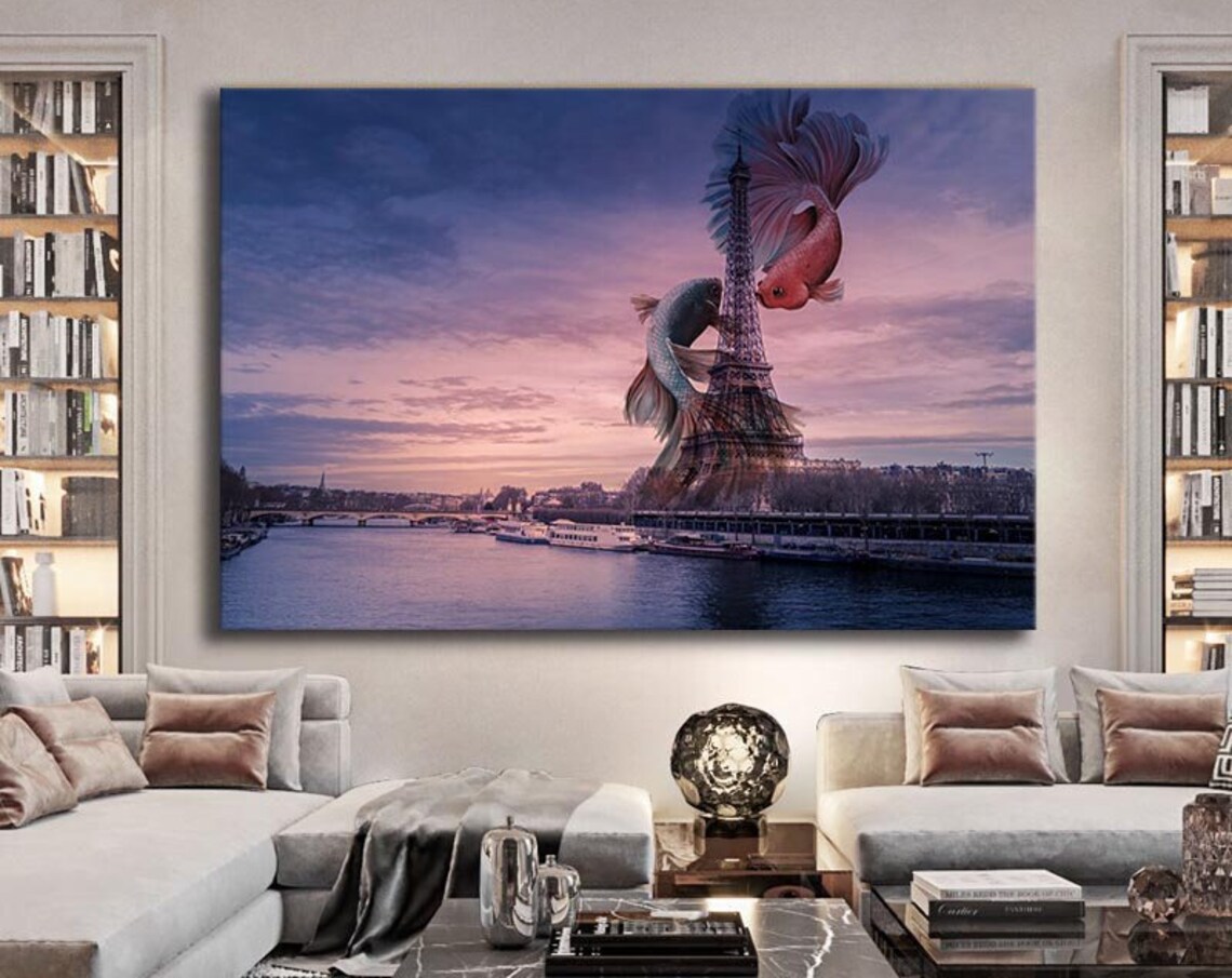 Eiffel Tower And Coi Fish Surreal Wall Decor Wall Art Eyfel Print Ready To Hang Wall Print Design Painting