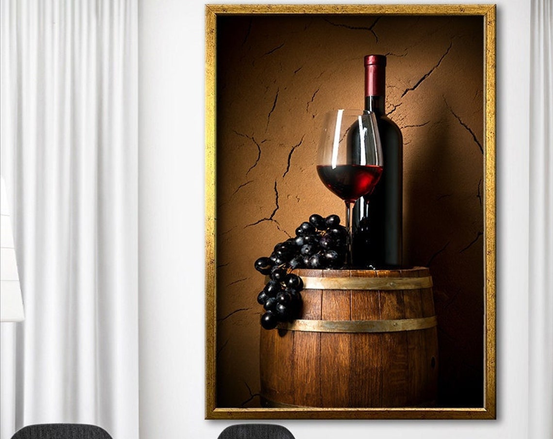 Wine Bottle Glass Black Grapes Wooden Barrel Rustic Cellar Poster - Image 4