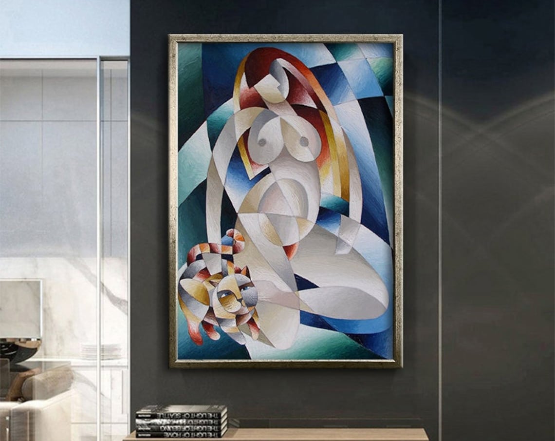 Cubist Nude Woman Cat Geometric Abstract Figure Art Wall Poster