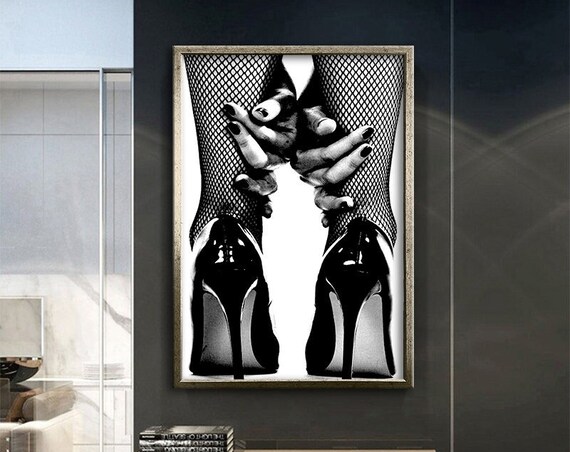 Fishnet Stockings High Heels Black And White Pinup Style Art Print