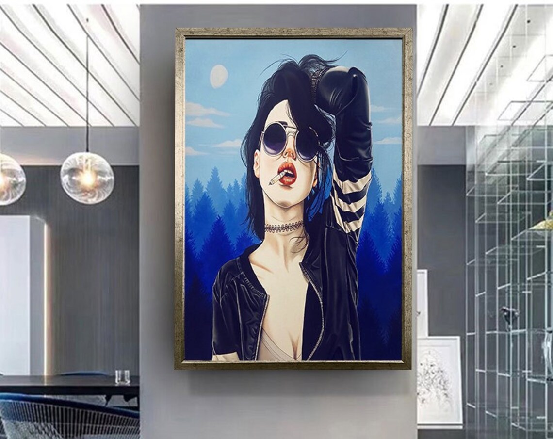 Woman In Sunglasses Smoking Stylized Illustration Blue Forest Moon Poster