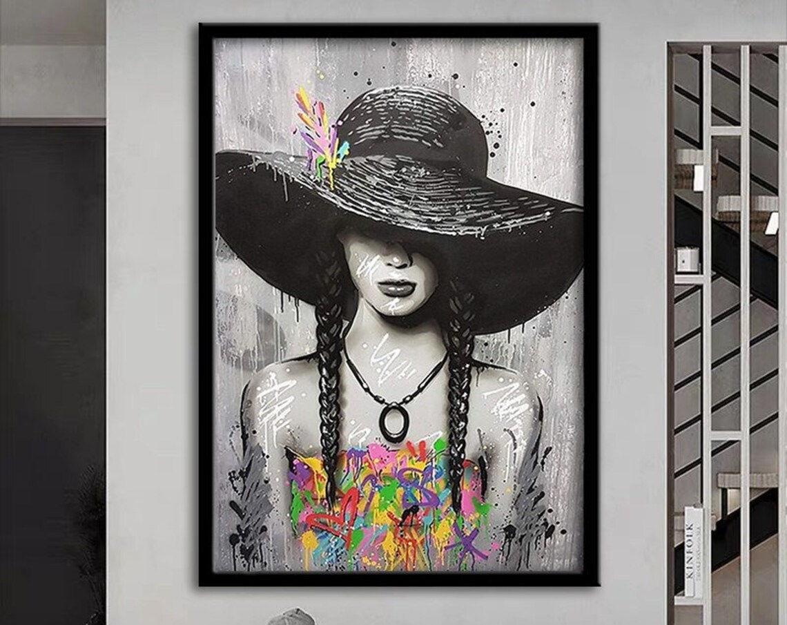 Monochrome Woman Wide Hat Graffiti Dress Street Art Wall Poster