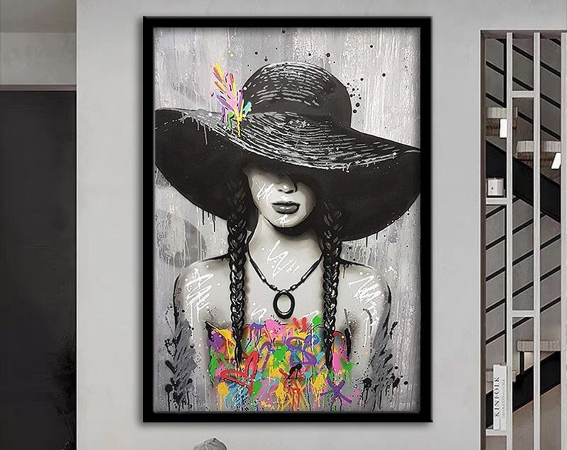 Pop Art Woman Painting Graffiti Woman Print Painting Woman In Hat Black And White Painting Print Ready To Hang Wall Print
