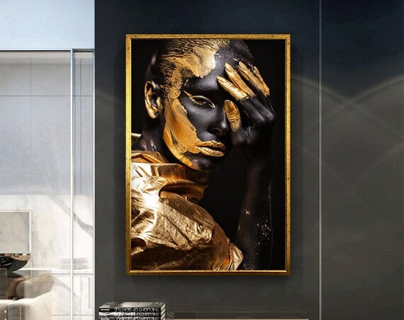 Modern Art Gold And African Woman Abstract Design Print Wall Decoration Wall Art Ready To Hang Painting Gift