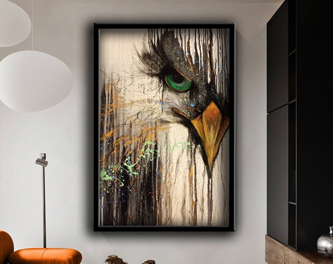 Abstract Eagle Head Green Eye Paint Drips Mixed Media Art Poster