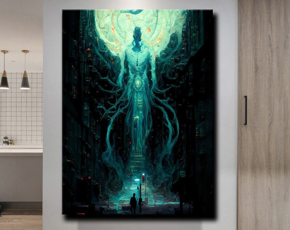 Giant Teal Ghost Spirit Over City Street Sci Fi Surreal Art Print