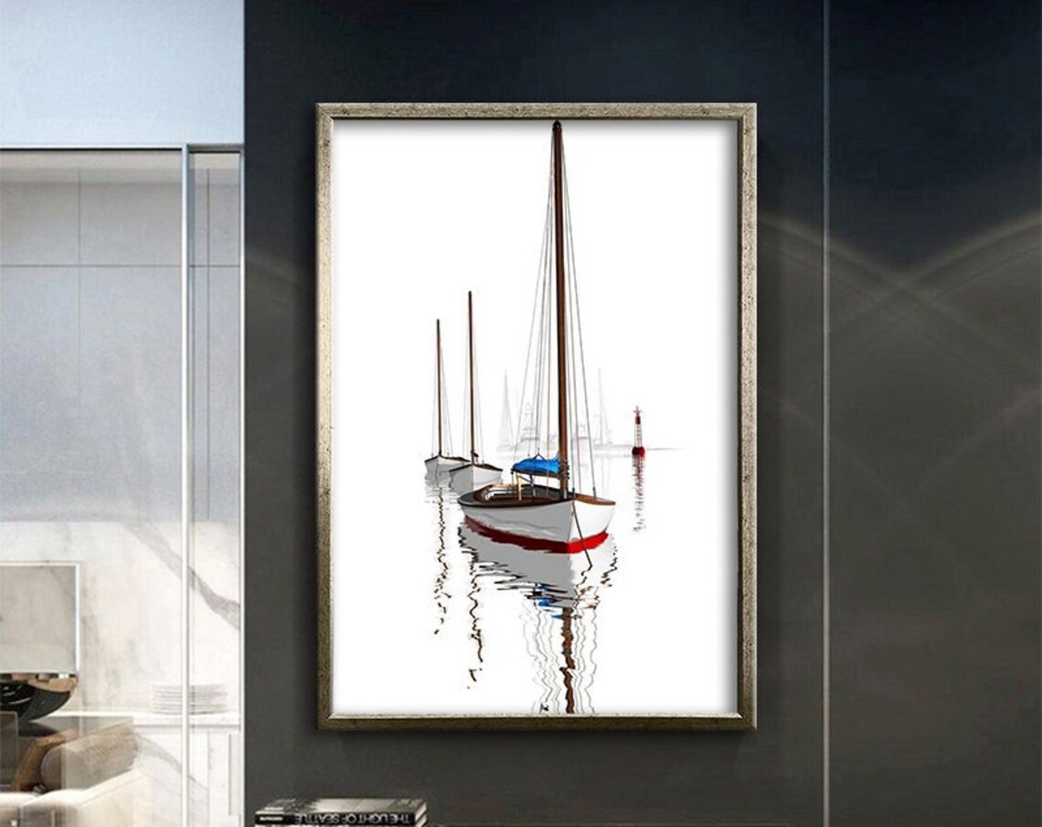 White Sailboats Red Hulls Minimalist Seascape Reflection Art Poster