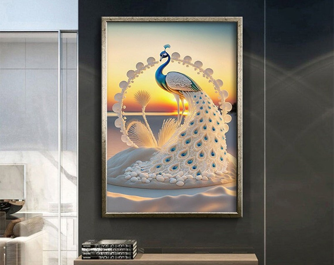 White Peacock Fan Tail Sunset Majestic Elegant Bird Art Poster