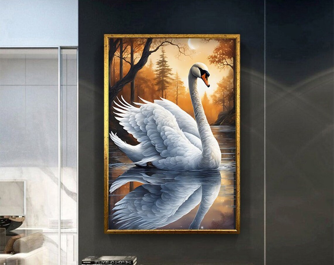 Graceful White Swan On Sunset Lake Mirror Reflection Elegant Poster