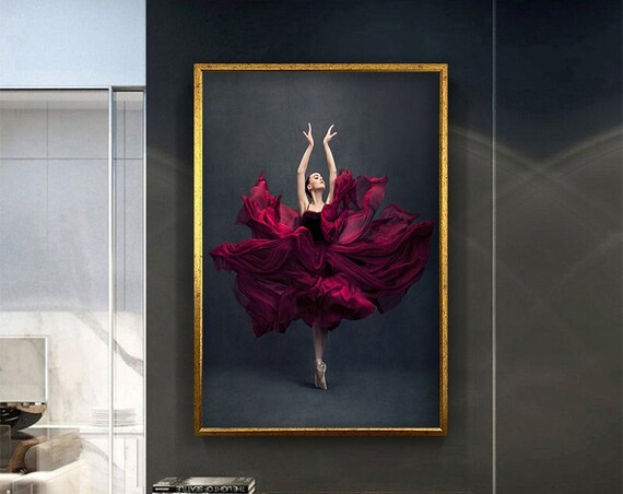 Ballerina Red Dress Dramatic Leap Dark Background Ballet Art Poster