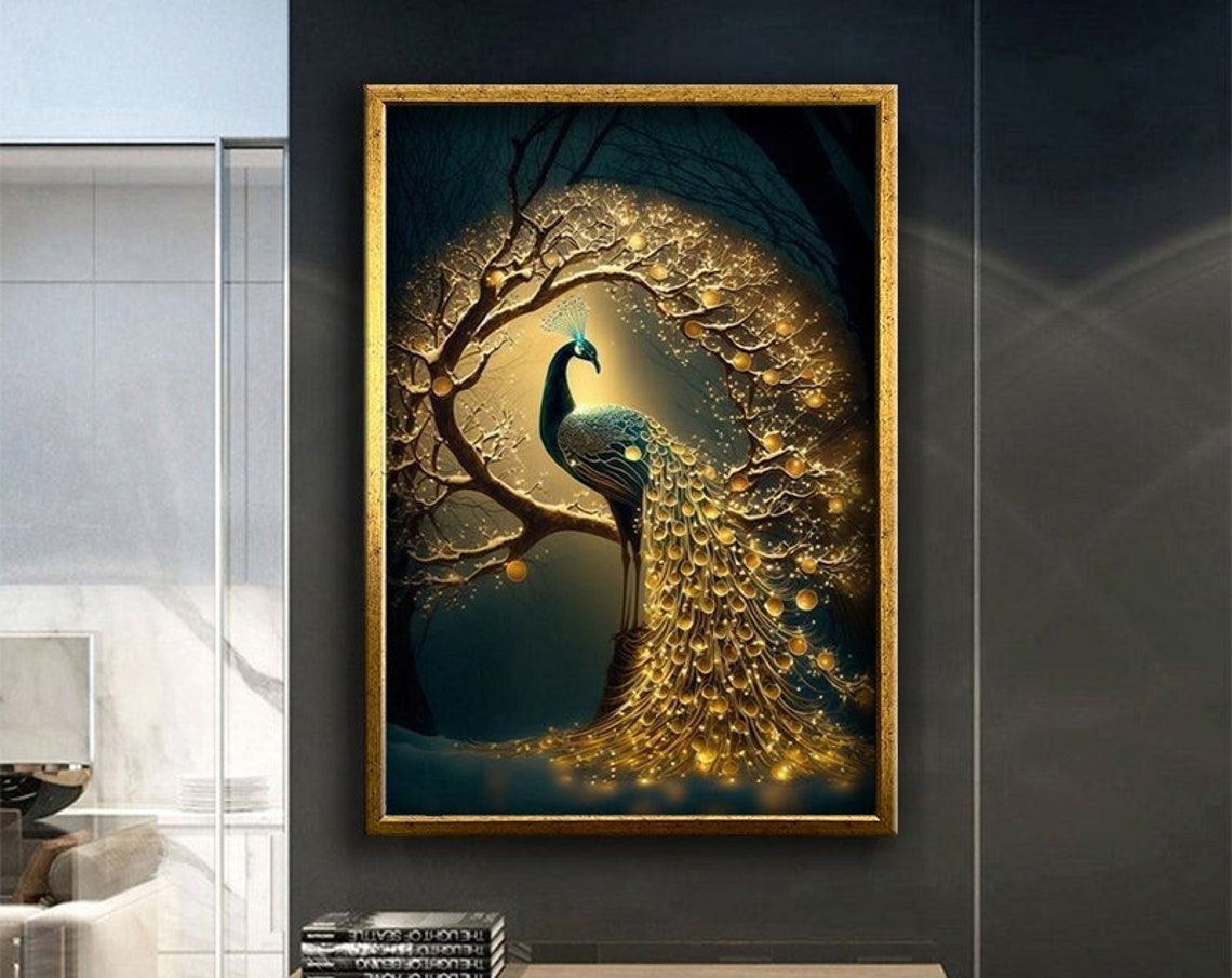 Golden Peacock Glowing Night Tree Magical Enchanted Bird Art