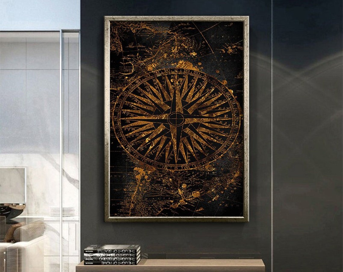 Gold Compass Rose Antique World Map Vintage Nautical Wall Poster