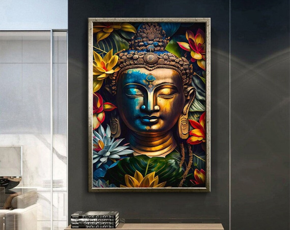 Zen Buddha Face Colorful Lotus Flowers Spiritual Wall Art Poster