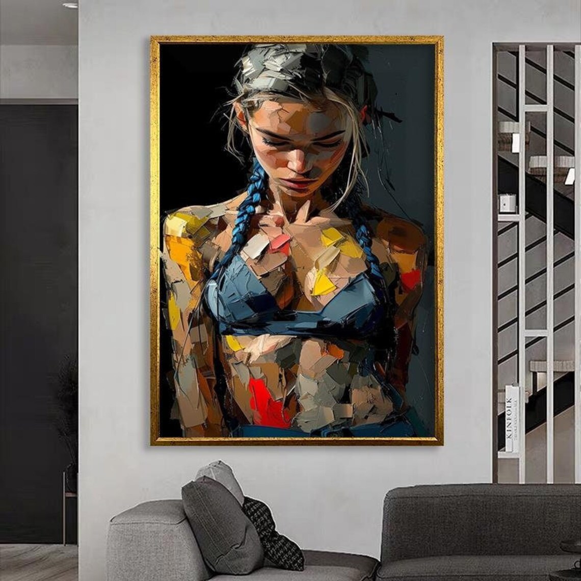 Athletic Woman Blue Braids Abstract Geometric Oil Painting Modern Art Poster - Image 3