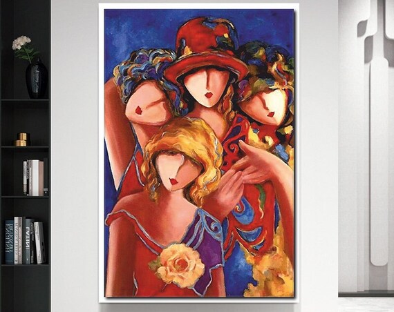 Four Women Embrace Colorful Dresses Joyful Friendship Art Print