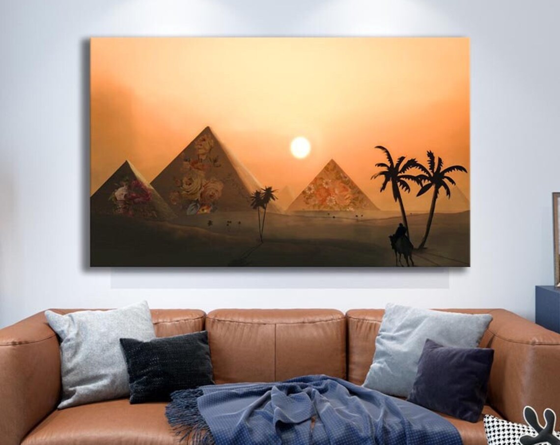 Egypt Pyramids Giza Sunset Palms Floral Silhouette Travel Poster