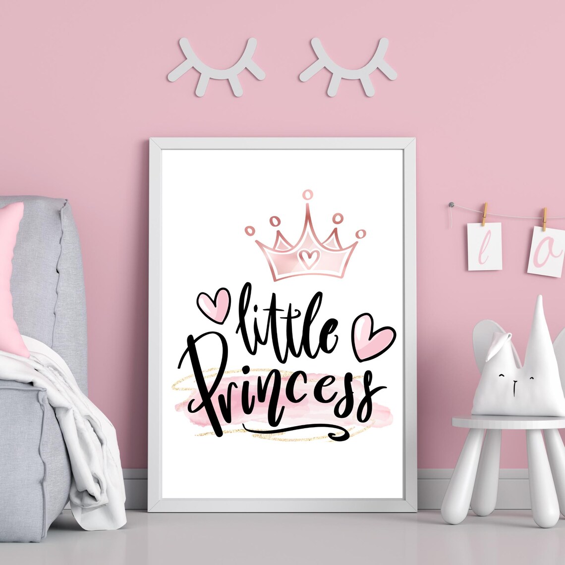 Little Princess Pink Crown Hearts Nursery Quote Poster For Girls Room Art - Image 2
