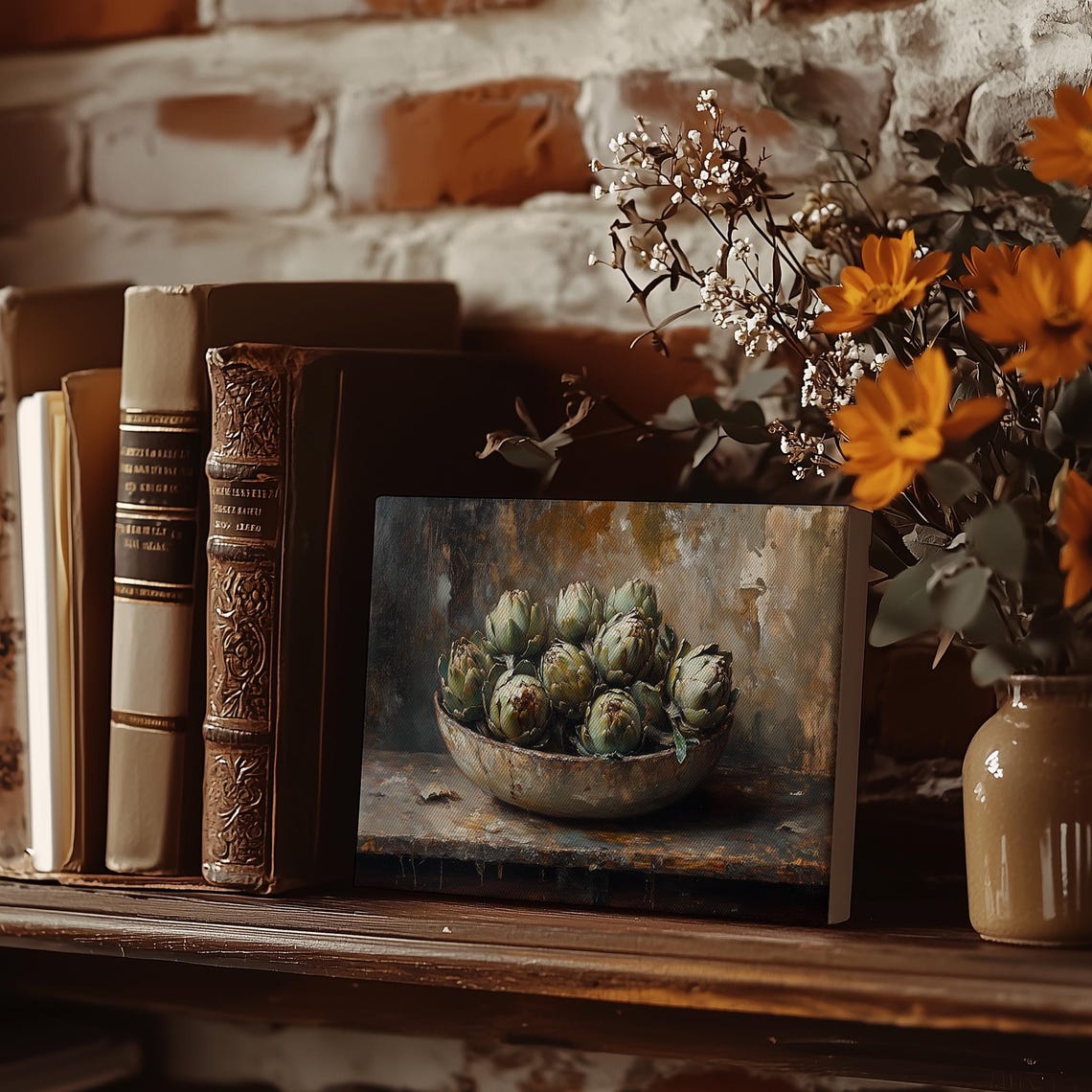 Rustic Bowl of Artichokes Dark Moody Kitchen Still Life Poster - Image 3