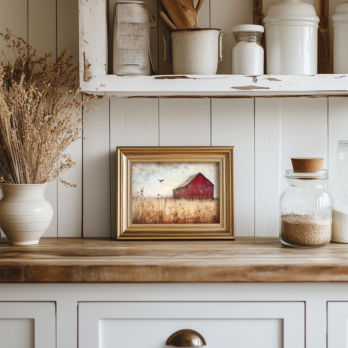 Old Red Barn in Golden Wheat Field Solitary Crow Farm Poster - Image 5