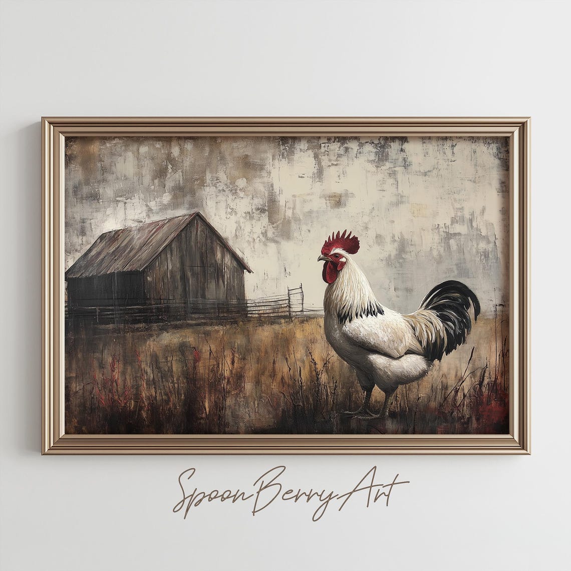 White Rooster Before Weathered Barn Moody Farmyard Oil Poster