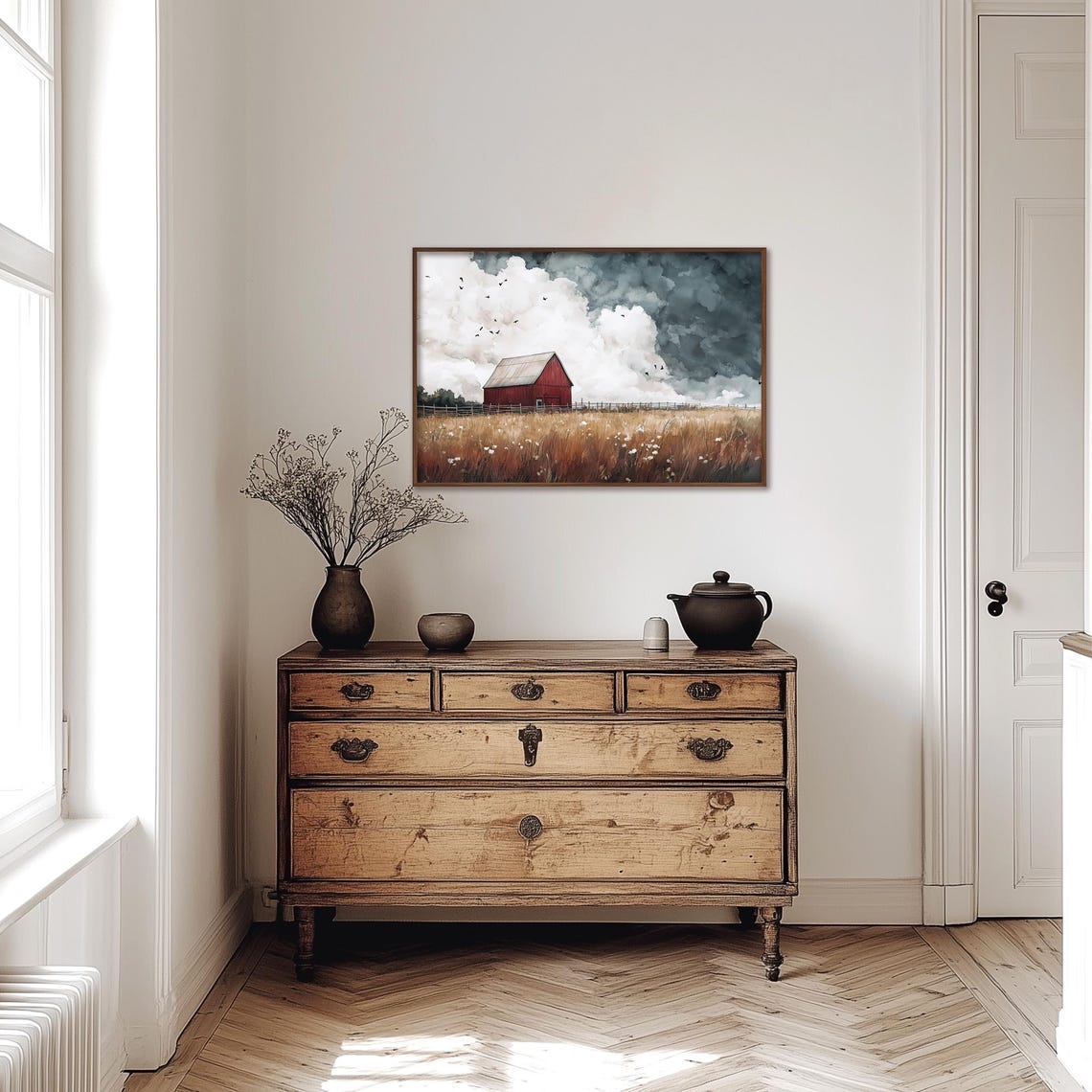 Red Barn In Wheat Field Under Dramatic Storm Cloud Sky Poster - Image 5