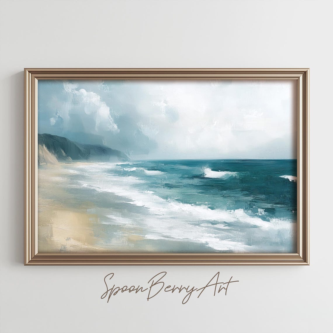 Misty Beach Waves Rolling Toward Rocky Cliffs Coastal Art Poster