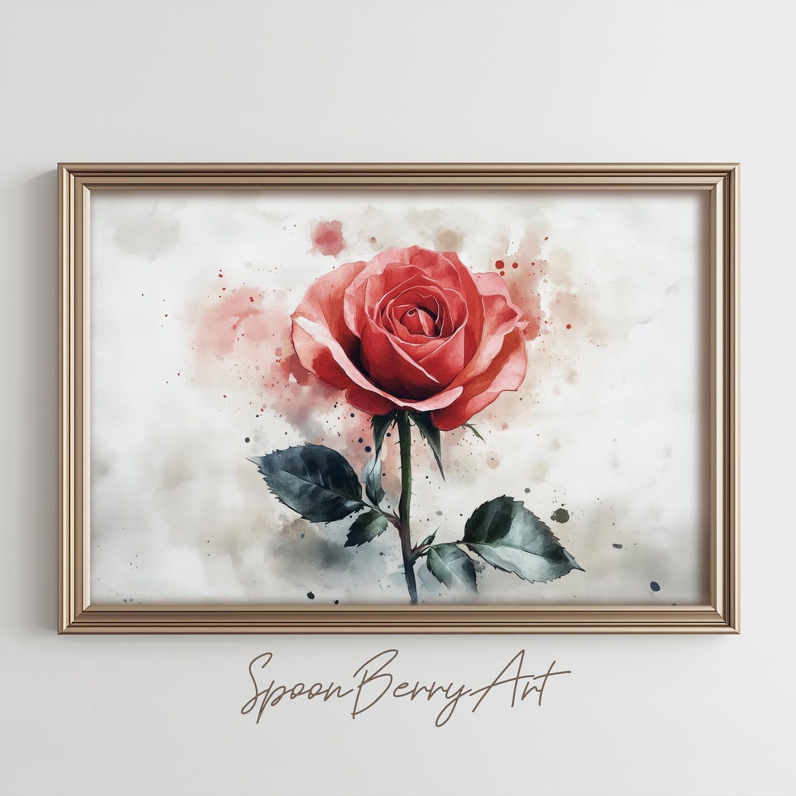 Single Coral Red Rose Bloom With Watercolor Splash Art Poster