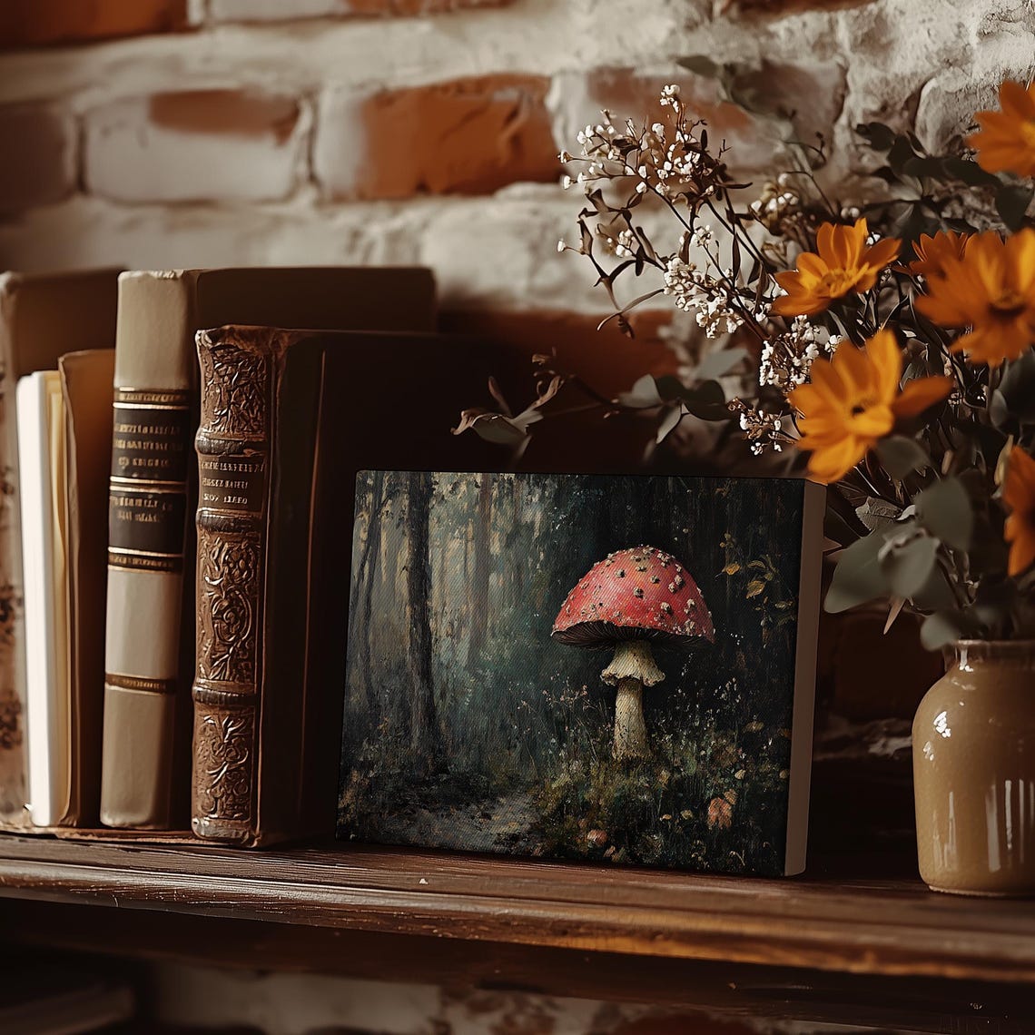 Red Fly Agaric Mushroom Growing In Dark Misty Forest Scene Poster - Image 5