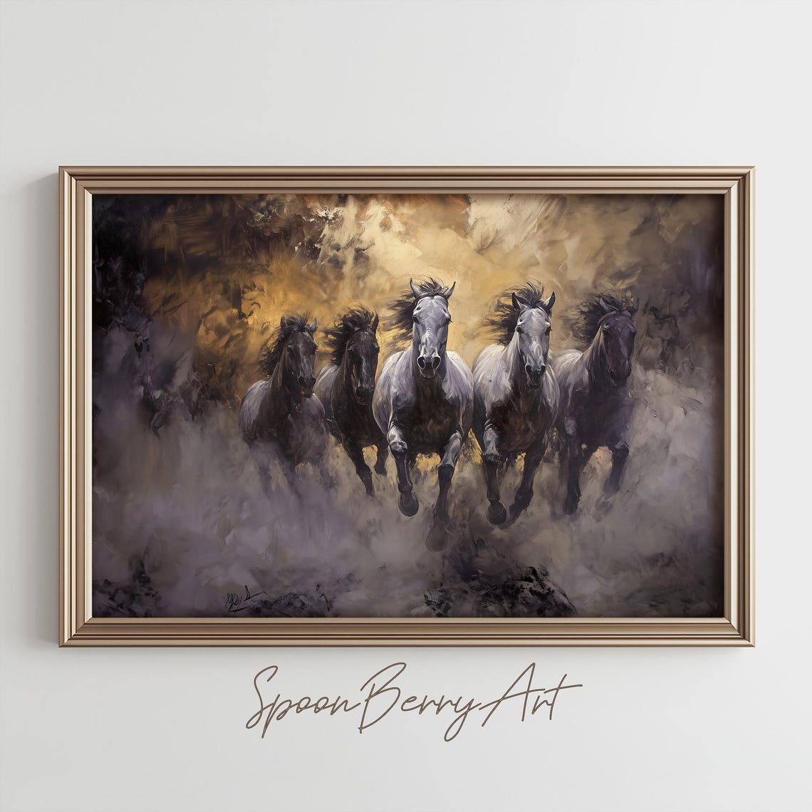 Five Galloping Horses Stampede Through Dramatic Golden Dust Poster