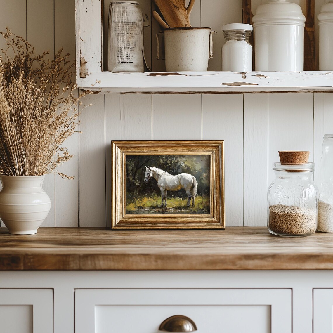 White Horse Standing by Water Moody Equestrian Oil Art Poster - Image 4
