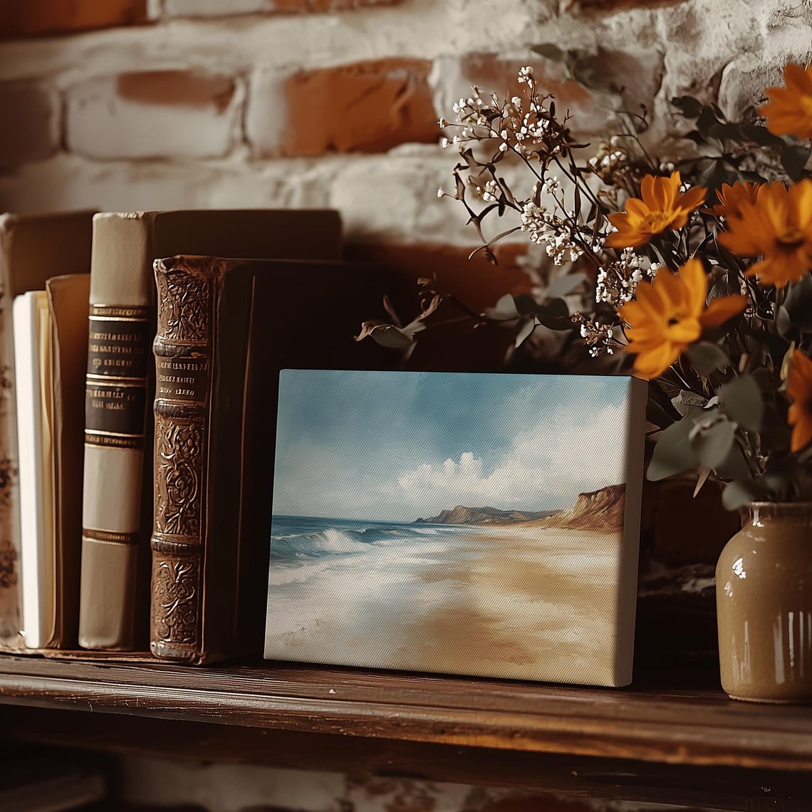 Sandy Ocean Beach With Gentle Waves And Golden Cliffs Poster - Image 3