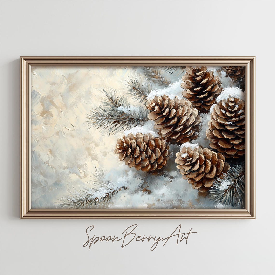 Snow-Dusted Pine Cones Resting on a Snowy Evergreen Branch Poster