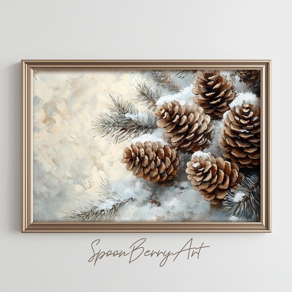 Pine Cones Painting Vintage Pine Tree Wall Print Pinecone Print Wall Decor Winter Wall Art Moody Oil Painting Art