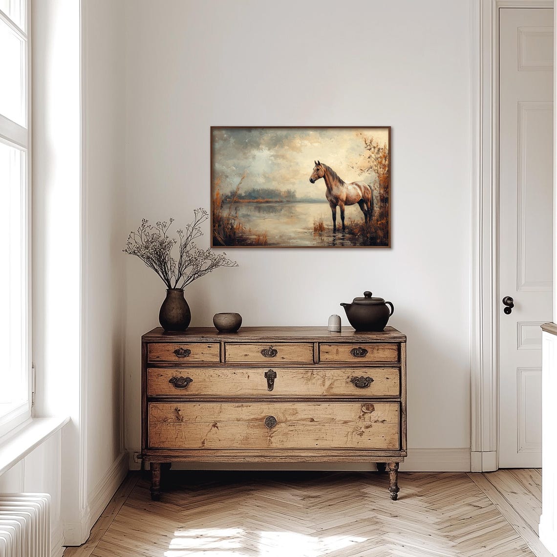 Tan Horse Wading At Autumn Lake Edge In Morning Light Poster - Image 3