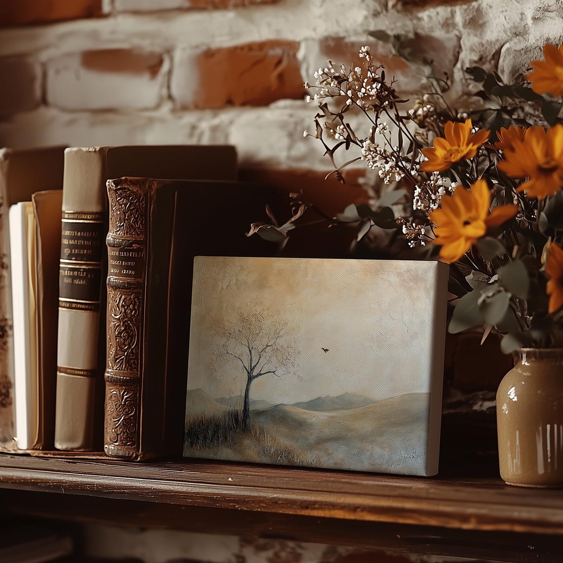 Lone Tree and a Crow on Misty Beige Hills Moody Landscape Poster - Image 5