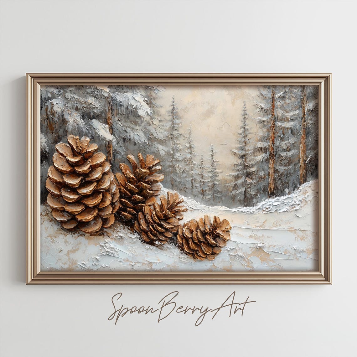 Pine Cones Lying in Snow with a Snowy Forest Behind Winter Poster
