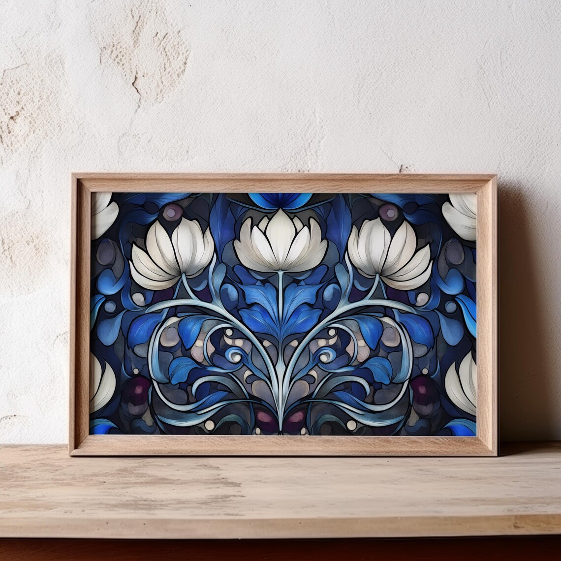 Art Nouveau White Lotus Flowers Deep Blue Elegant Floral Poster - Image 4