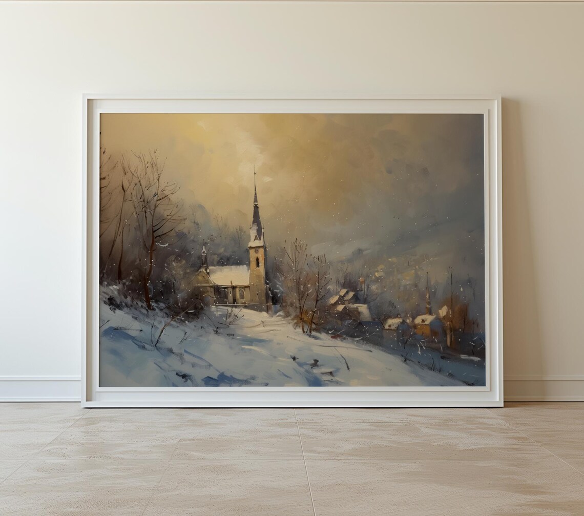 Winter Church Scene Painting Snowy Village At Golden Light Poster - Image 2