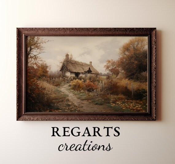 English Thatched Cottage Painting Autumn Foliage Country Path Poster