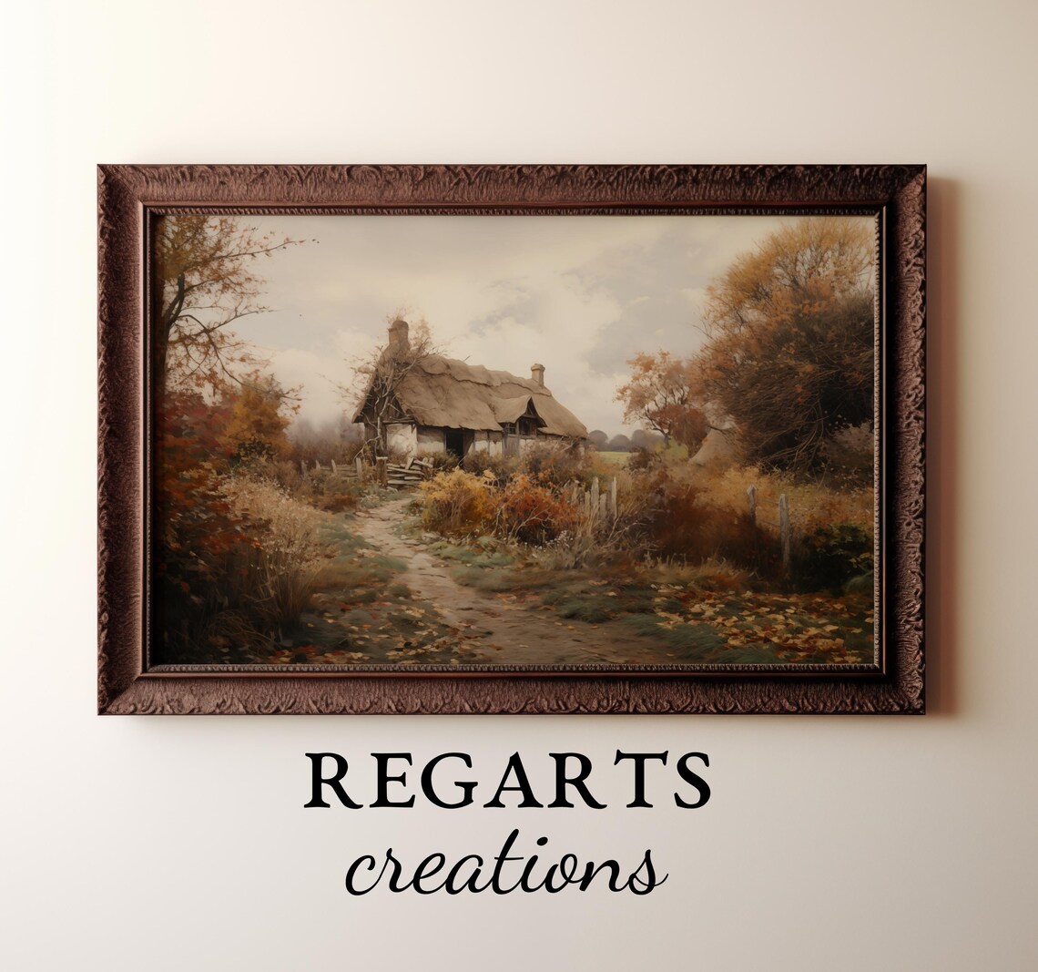 English Thatched Cottage Painting Autumn Foliage Country Path Poster