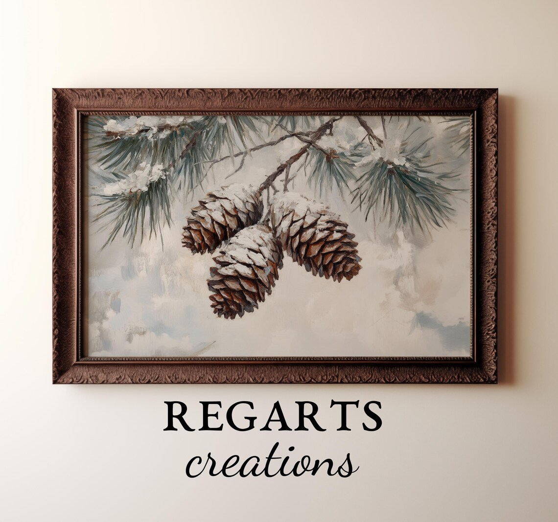 Antique Pine Cone Oil Painting, Elegant Winter Scene - Image 3